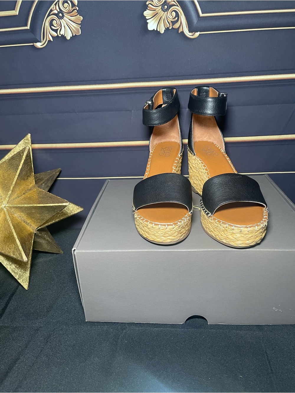 Franco Sarto Black Ankle-Strap Espadrille Wedge Sandals